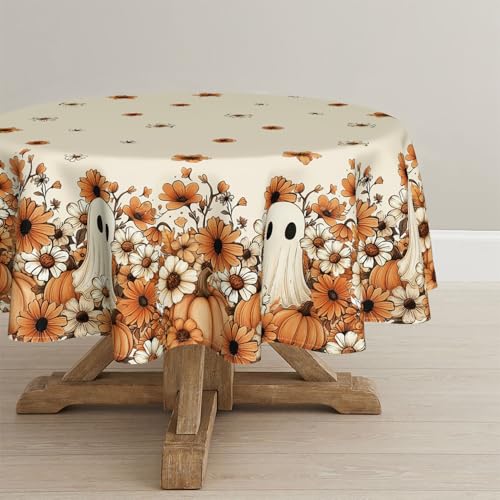 Halloween Tablecloth 90x90 Inch Round Ghost Pumpkin Orange - Beige Variation