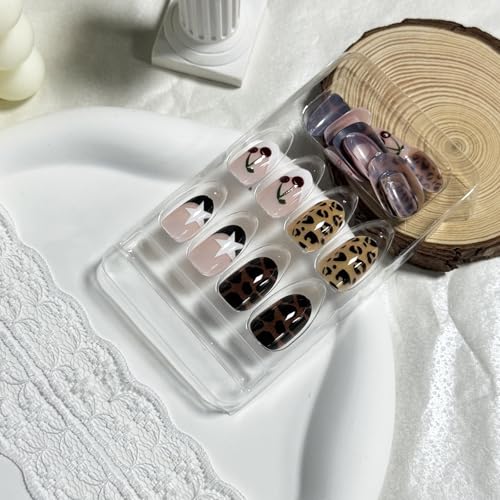 IMSOHOT Short Oval Press On Nails Brown Leopard Print with Cherry - Variation 92-02Brown