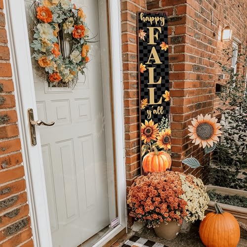 Happy Fall Y'all Porch Sign Black Checkered Sunflower Pumpkin - Indoor Outdoor Farmhouse Decor
