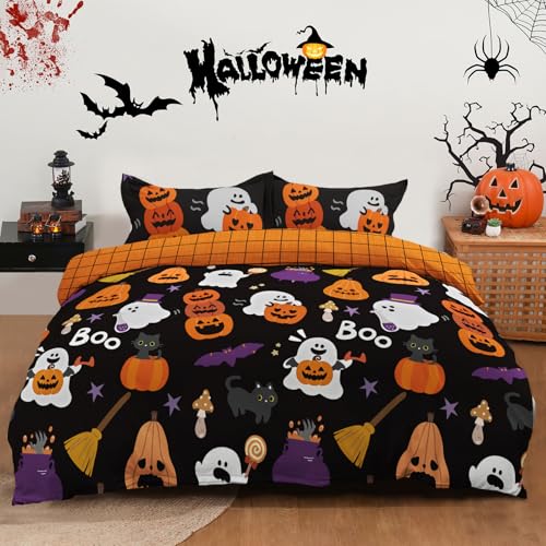 Queen Halloween Duvet Cover Set - Reversible Black Ghost Bedding 90x90