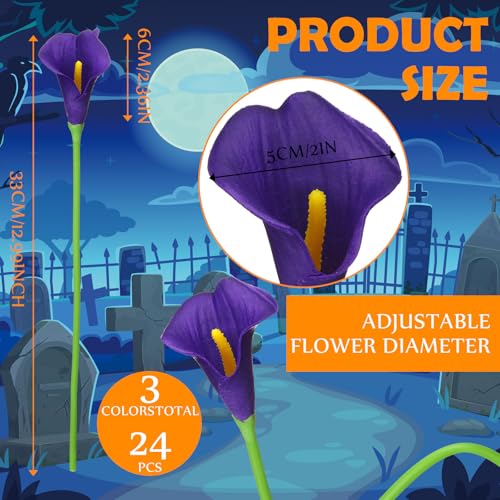 Halloween Flower Picks Set - 24 Black, Orange & Purple Artificial Calla Lilies, 14 Inch
