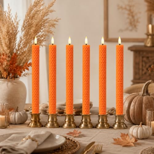 Orange Honeycomb Flameless Candles with Remote & Timer - 9.5 Inch LED Flickering Candles, Real Beeswax, Battery Operated, Set of 6