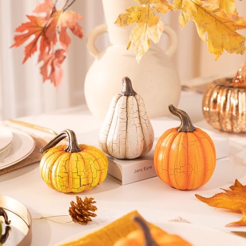 Medium Fall Pumpkin Decorations Set - Cracked Resin Pumpkins for Autumn & Thanksgiving Home Decor