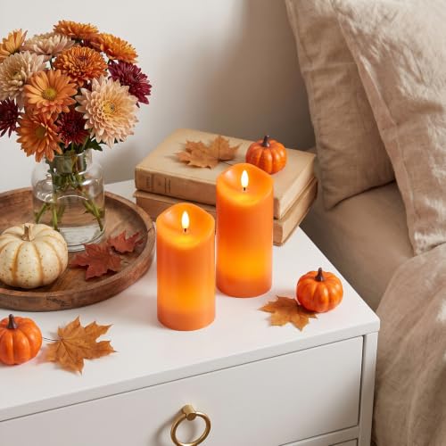 Fall Decorations Flameless Orange Pillar Candles with Remote - Seasonal Halloween & Thanksgiving