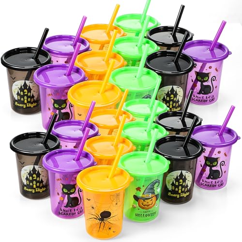 Vivid Halloween Kids Plastic Cups 24 Pack with Lids & Straws - 10 Oz Reusable Toddler Tumblers