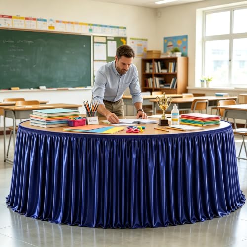 9ft Navy Blue Satin Table Skirt for Rectangular Tables - Wrinkle Resistant