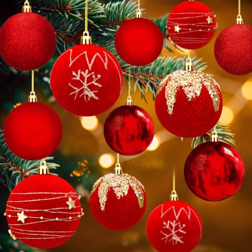 Red Velvet Christmas Ball Ornaments Set - 12 Pcs 3.15 Inch Flocked Holiday Decor