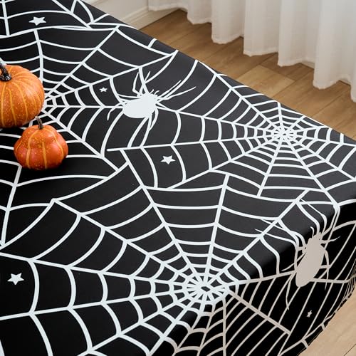 V63 Spider Web Halloween Tablecloth 52x70 Inch Rectangular Black Polyester Waterproof Decor