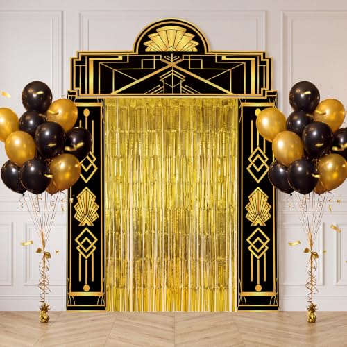 1920s Speakeasy Party Decorations Gold Foil Curtain Backdrop & Balloons