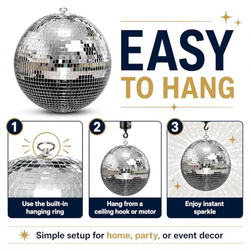 12-Inch Large Hanging Mirror Ball for Disco Party Decor - Black+Pink Variation