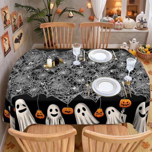Oval Halloween Tablecloth 52x70 Inch with Spiderweb Ghost Pattern - Black Fabric Party Decor