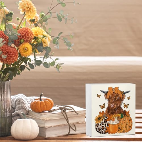 Fall Highland Cow Pumpkin Coffee Decor Wooden Box - Autumn Home Accent