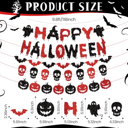 Halloween Banner with Glitter Bat Skull Pumpkin Decor - Pre-Strung Party Garland