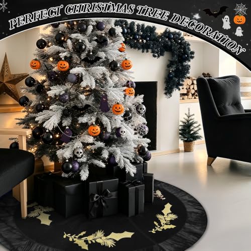 Black Velvet Christmas Tree Skirt 48 Inch with Gold Embroidered Holly - Luxury Holiday Decor