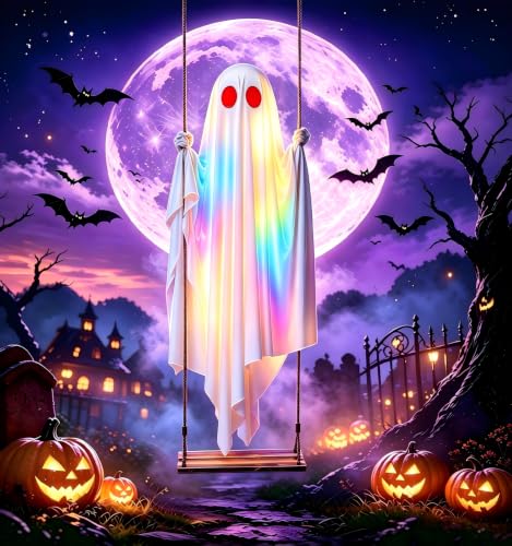 Large Outdoor Hanging Ghost Decoration - 5.5Ft Swing Ghost with Rainbow Lights