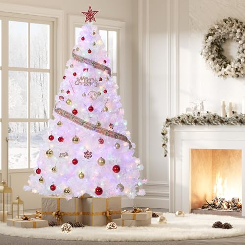 5ft 11in White Christmas Tree with 250 LED Lights & Sturdy Metal Stand - Indoor Outdoor Holiday Decor