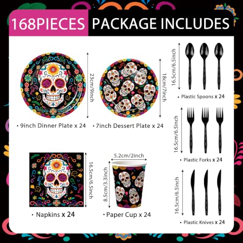 Day of the Dead Party Supplies Set - Sugar Skull Plates Napkins Cups Silverware - Black & Colorful Design