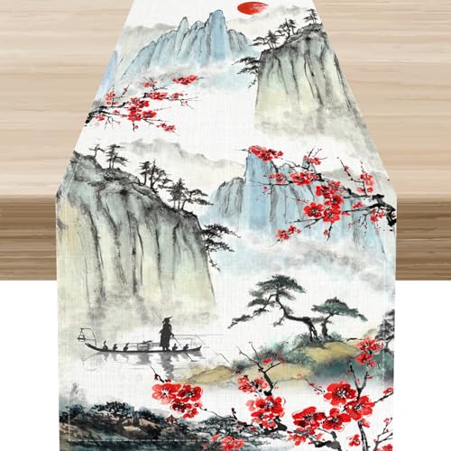 Japanese Ink Painting Cherry Blossom Table Runner - Rustic Asian Garden Decor 13x36 Variation of THIS listing