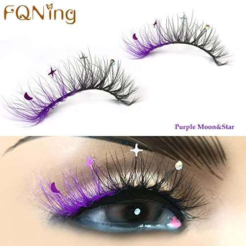 Glitter Rhinestone False Eyelashes - Purple Moon & Star Sequins, Wispy Reusable Fake Lashes for Party & Cosplay - 4 Pairs