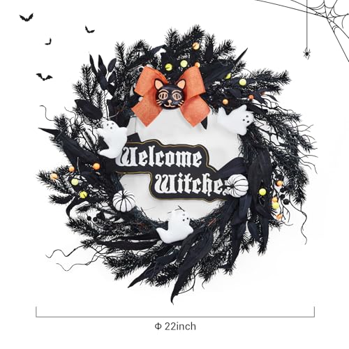 22-Inch Halloween Wreath with 20 LED Lights for Front Door Indoor Outdoor Decor