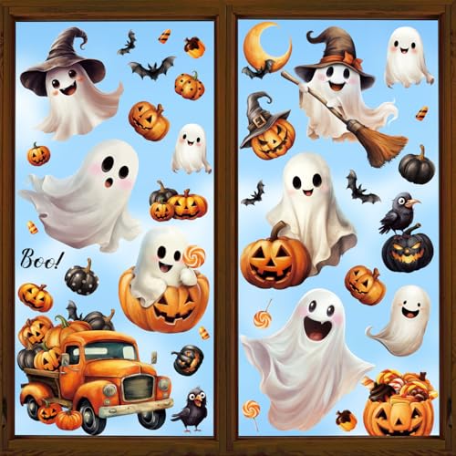 Halloween Window Clings Set - Ghost Pumpkin Bat Reusable PVC Decals for Party & Decoration
