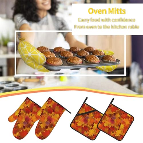 Fall Leaf Oven Mitts and Pot Holders Set - Heat Resistant Kitchen Accessories