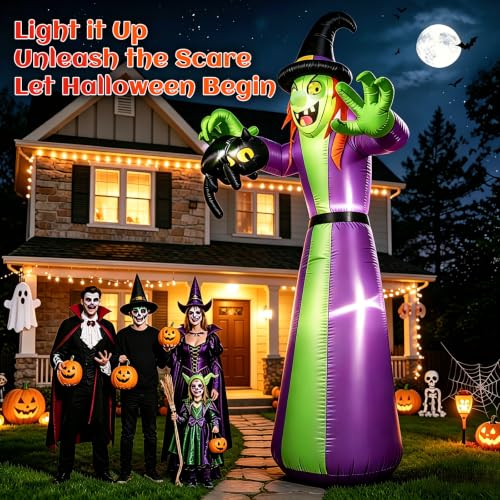 12 FT Giant Inflatable Witch with Black Cat & LED Lights - Outdoor Halloween Decor