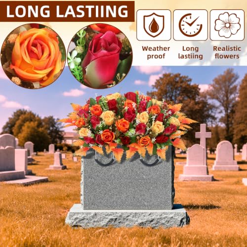Fall Artificial Cemetery Flowers for Grave - Headstone Flower Saddle Orange - Long-Lasting Autumn Decor