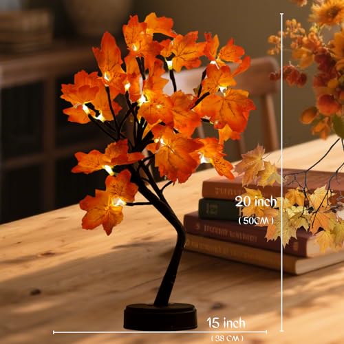 2 Pack 20-Inch Lighted Artificial Maple Trees for Fall & Thanksgiving Decor - Battery & USB Operated