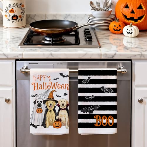 Hexagram Halloween Kitchen Towels - Black Striped Dog Hand Towels - Spooky Decor