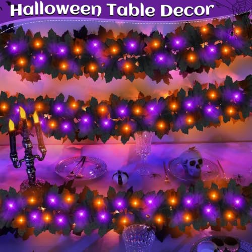 Black Halloween Garland with Orange Purple Lights 3 Pack - Timer Function