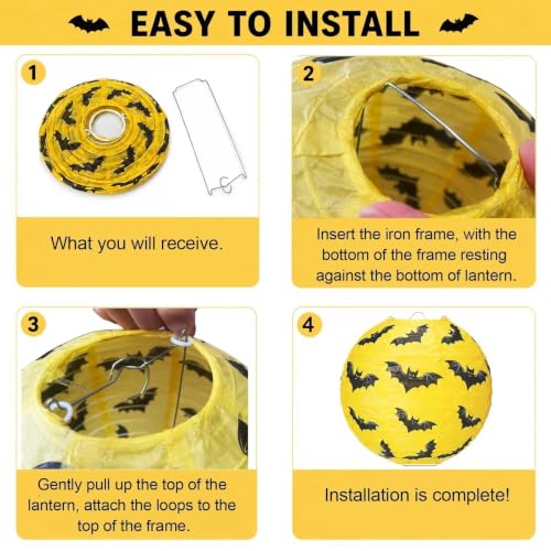 Halloween Bat Paper Lanterns Set of 8 - Yellow and Black Hanging Decorations for Parties