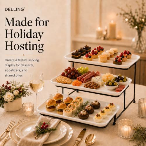 16 Inch 3-Tier Serving Tray Set with Collapsible Stand - Porcelain Platters for Entertaining, White