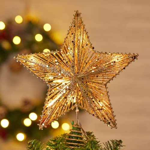 Christmas Star Tree Topper with Built-in 10 Bulb String Lights - 11” Gold Glittered Metal