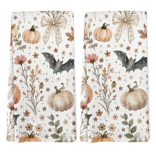 Fall Pumpkin Bat Floral Kitchen Tea Towels Set of 2 - Autumn Halloween Decor, 16x24in, Variation: Fall Pumpkin 18
