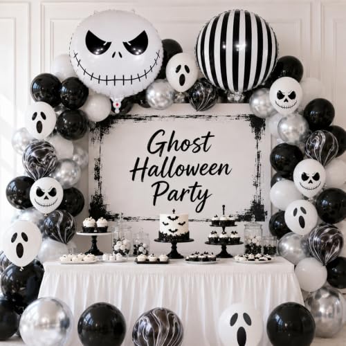 Halloween Balloons Set Black White Silver Skull Ghost 12 Inch 35pcs - Spooky Party Decorations