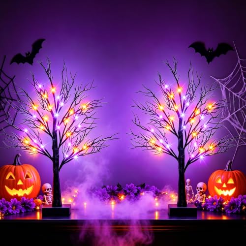 Halloween Decorations Indoor, 2 Pack 26-Inch Black Halloween Trees with Orange & Purple LED Lights - USB & Battery Powered, Spooky Tabletop Decor, Orange Purple Variation