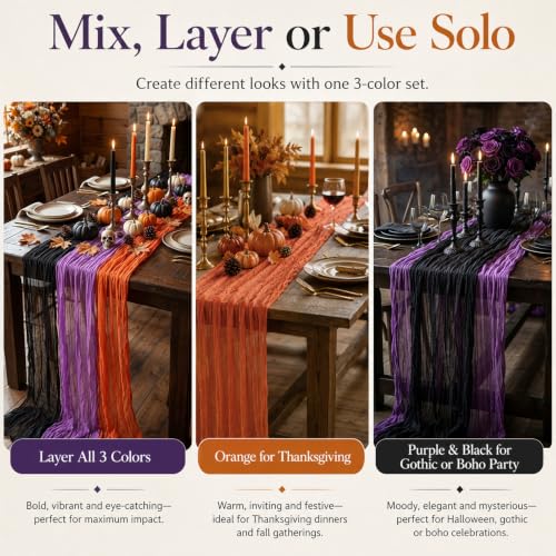 Purple Black Orange Halloween Cheesecloth Table Runners - 12 Pack for Party & Fall Decor