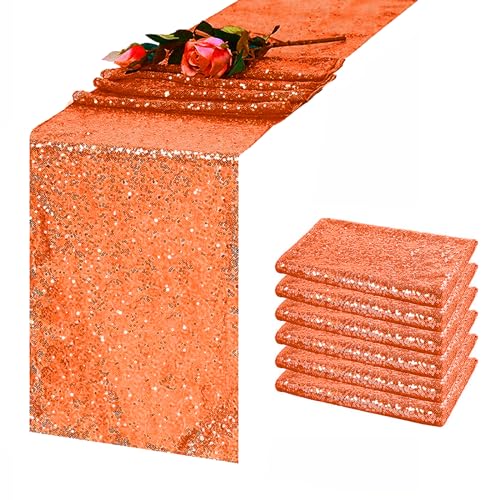 12 x 72 Inch Orange Sequin Table Runner Set of 6 - Elegant Home & Party Décor