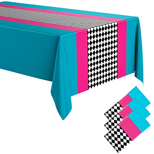 Pink Teal Checkered Wonderland Tablecloth Set - 3 Pieces, 54x108 Inches
