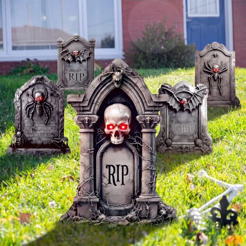 Halloween Tombstones Yard Signs with Stakes - 5 Pack, Glow-in-Dark Eyes, Realistic Haunted Cemetery Decor