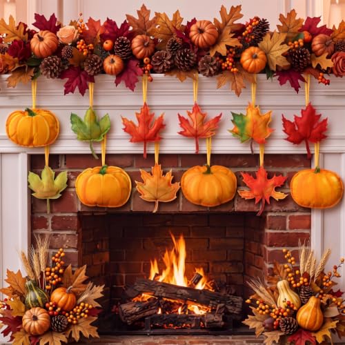 Fall Thanksgiving Felt Hanging Ornaments Set - Maple Leaf & Pumpkin, Orange & Yellow, 12 Pieces