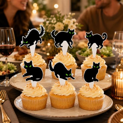 Halloween Black Cat Cupcake Topper - Green Eyes, Reusable, 36 Pack - Variation: Black Cat