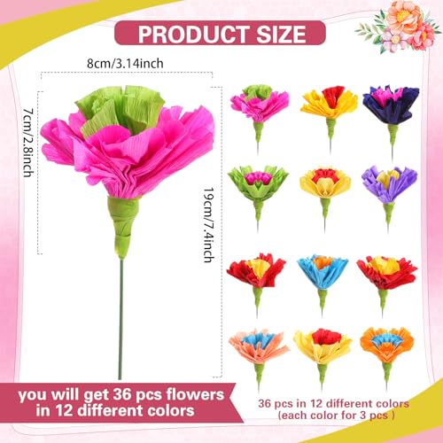 Bright Mexican Crepe Paper Flowers Set - 36 Colorful Tissue Flowers with Stems
