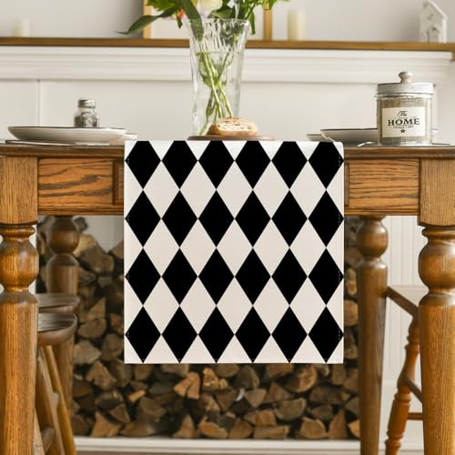 Diamond Plaid Black Table Runner - 13x36 Inch Halloween Party Decor