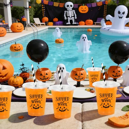 Summerween Disposable Plastic Cups Set with Lids & Straws - Black Pumpkin 12oz, 50 Pack