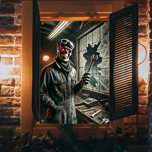 Halloween Skeleton Mechanic Window Cover 31x47 Inch Decoration - Spooky Theme