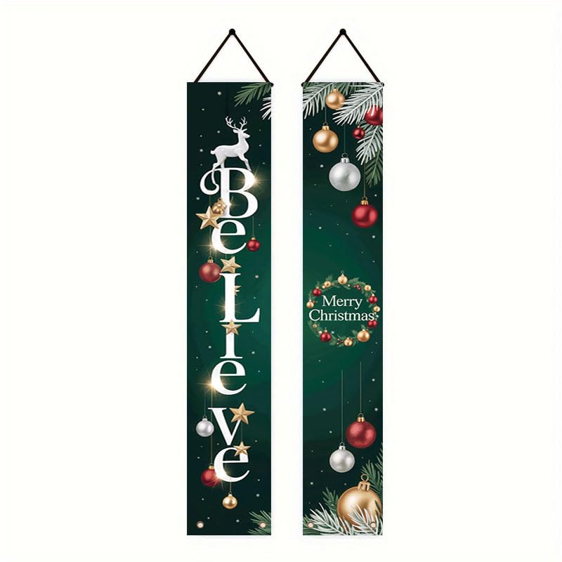 Multicolor 12x71 Inch Christmas Birthday Porch Banner with Pine Branches - Believe