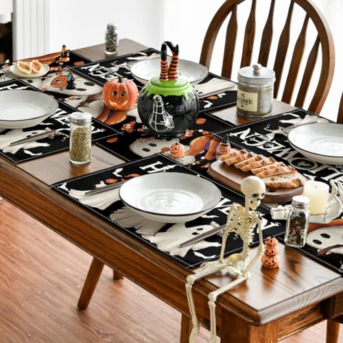 Halloween Ghost Boo Placemats Set of 6 - 12x18 Inch Rectangular Black