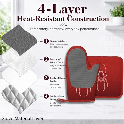 Halloween Spider Web Oven Mitts and Pot Holders Set - Silicone Heat Resistant Kitchen Gloves